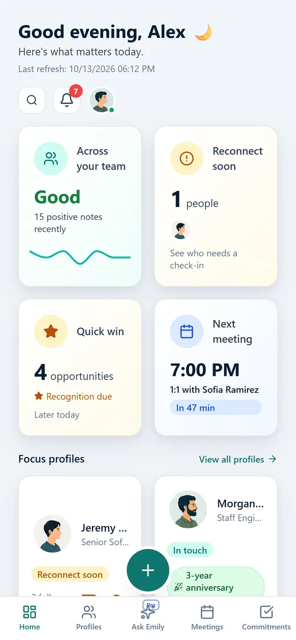 The LetEmily for Managers dashboard on a phone: how the team is doing, who is worth a check-in, and the next 1:1.